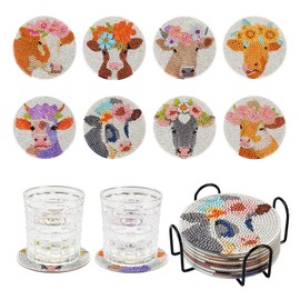 Boutigem 8Pcs Cattle Diamond Painting Coaster 5D Flower Pattern Diamond Painting Art Cup Mat with Holder DIY Crafts Supplies for Adult Beginner Teens