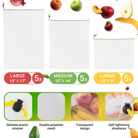 EZGOODZ Reusable Mesh Produce Bags 3 Sizes, Pack of 15 See-Through Reusable Produce Bags Washable, Odorless, Environmentally Friendly Mesh Toy Storage Bags with Colored Drawstrings, Barcode Scanning
