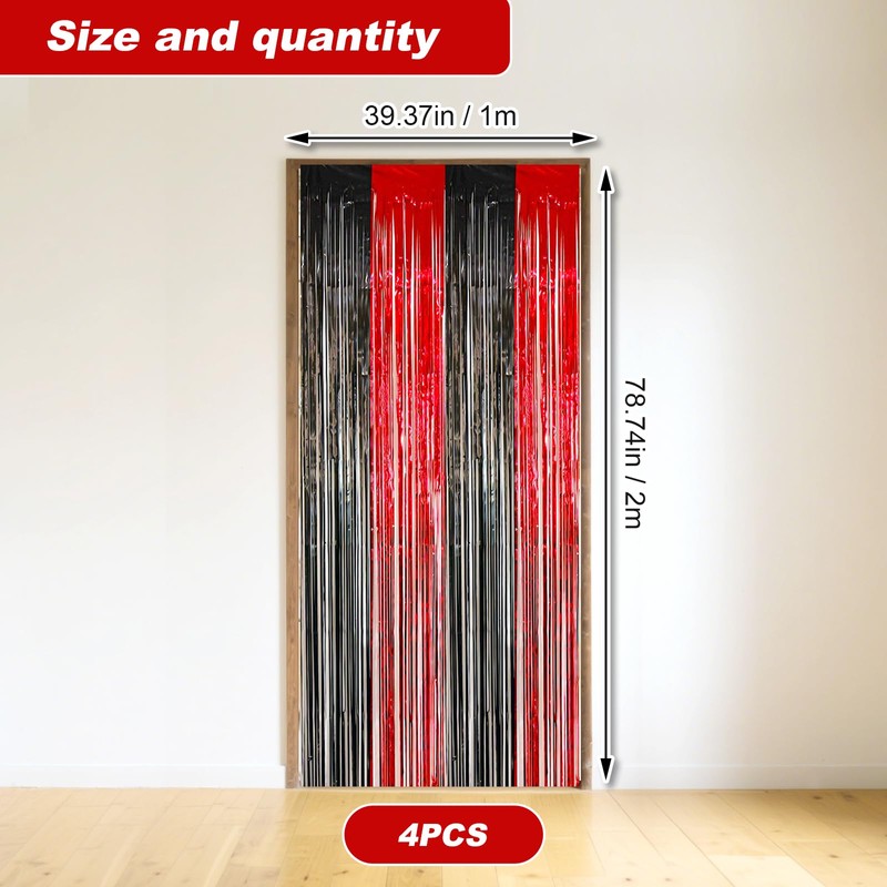 4pcs Black Red Foil Curtain, 3.2ft x 6.5ft Black Red