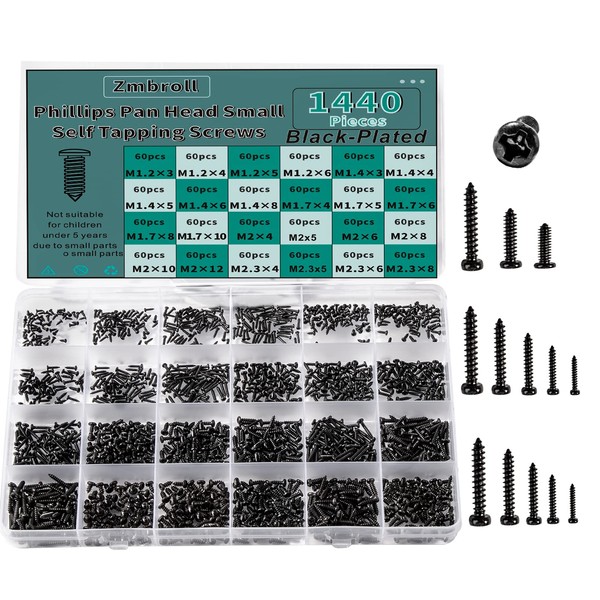 Zmbroll 1440 Pcs Black Mini Tapping Screw, Mini Screw, Phillip