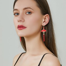 Chanaiqw Red Fan Tassel Earrings Chinese Earrings for Women Earrings Japanese Earrings Ethnic Drop Earrings Cloud Earrings Aesthetic Hanging Dangle Jewelry Stud Earrings (Red)