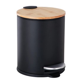 SIDIANBAN Small Bathroom Trash Can with Bamboo Lid, 1.3Gal/5Liter, Black, Iron