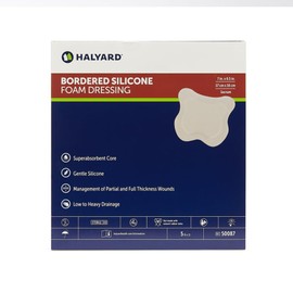 HALYARD Multi-Layer Bordered Silicone Foam Wound Dressing Sacral Bandage Gentle Adhesive Superabsorbent Core Conformable & Breathable Water Resistant Protective Film Backing, 7 Inches x 6.5 Inches