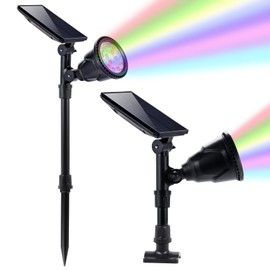 MOLEBIT Solar Outdoor Spotlights - 18 LED, 600 Lumens, Waterproof, 7 Colors Adjustable for Year Round Patio, Garden, and Landscape Festive Lighting (2 Pack)