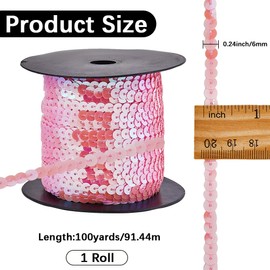 CABODYALS 100 Yards 6MM Pink Sequin Ribbon Trim Flat Sequins Beaded Trim Spangle Metallic Glitter Paillette Strip String Bulk for Sewing Making Crafts Costume Clothes Dress DIY Supply