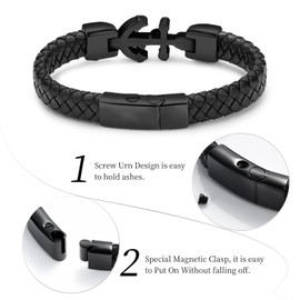 QGJNSGC Anchor Cremation Bracelet for Ashes Stainless Steel Urn Monument Jewellery Braided Leather Bracelet Faith Religious Christian Memory for Men Women, Stainless Steel
