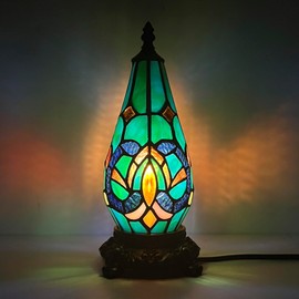 TCODTPOL Small Tiffany Lamp Stained Glass Table Lamp 5.5X11 Inch Christmas Tree Lighthouse Mini Accent Memory Sympathy Antique Night Light for Bedroom Living Room (Brown Jewelry Baroque)
