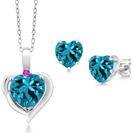Gem Stone King 925 Sterling Silver London Blue Topaz and Pink Sapphire Pendant Necklace Earrings Set For Women (4.07 Cttw, Heart Shape 8MM and 6MM, with 18 Inch Chain)