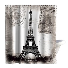 French Paris Eiffel Tower City of Love Black White Theme Cloth Fabric Shower Curtain Sets Bathroom & Toilet Decor with Hooks Waterproof Washable 72 x 72 inches Long