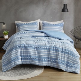 Urban Habitat King Duvet Cover Set Clipped Jacquard, Tufts Pompom Accent, Boho Duvet Covers, All Season Lightweight & Fluffy Bedding Cover, Matching Shams, Rowan, King/Cal King Blue 3 Piece
