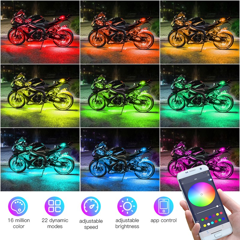 8PCS Motorcycle LED Light Kits Colorful Motorcycle LED Light APP