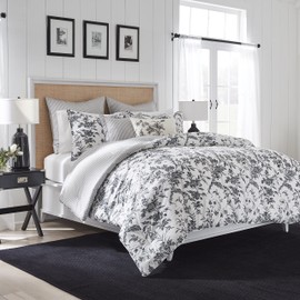 Laura Ashley - King Comforter Set, Reversible Cotton Bedding, Includes Matching Shams with Bonus Euro Shams & Throw Pillows (Amberley Black/White, King)