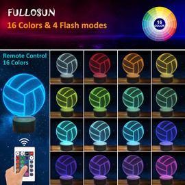 FULLOSUN Volleyball 3D Night Light, Sport Mood Illusion Lamp for Kids with Remote Control 16 Colors Changing, Creative Birthday Beach Volleyball Coach Lover Gifts for Boys Bedroom Decoration
