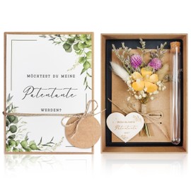 Möchtest Du Meine Patentante Werden Patentante Questions Gift Set Real Dried Flower Bouquet, Heart-Shaped Wooden Sign, Transparent Test Tubes, Christening Godfather Questions, Gift Box (Patentante
