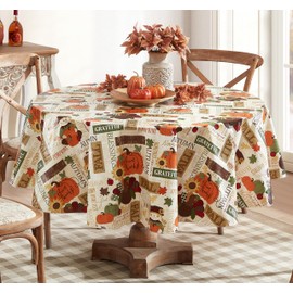 Newbridge - Mantel de vinilo con respaldo de franela de vinilo para Acción de Gracias, pavos a cuadros y calabaza, diseño rústico de otoño con respaldo de franela, redondo de 70 pulgadas
