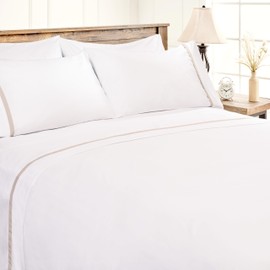 Chanasya Premium Ribbon Embroidered Sheet Set - Double Brushed Modern Traditional Microfiber Sheet Set - Fitted Sheet, Flat Sheet & 2 Pillow Covers - 4-Piece Set - Beige, Queen Size