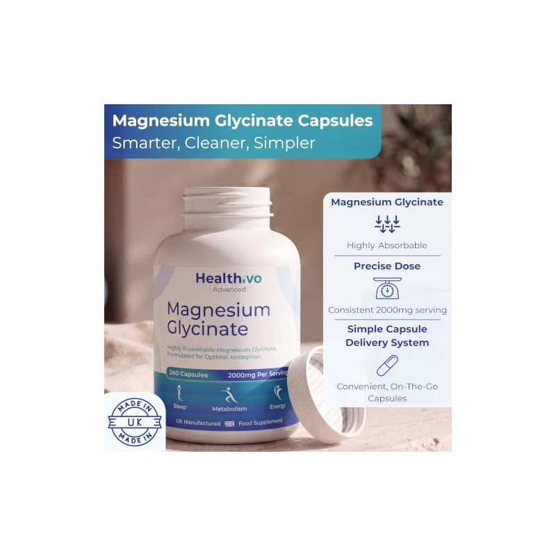 Magnesium Glycinate Capsules, 240 Capsules, 2000mg, UK Made