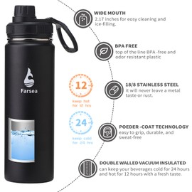Farsea Insulated Water Bottle With Paracord Handle, Protective Boot and 2 Lids (Straw Lid & Spout Lid), Stainless Steel Water Bottle Wide Mouth, Double Wall Sweat-Proof BPA-Free, 24 oz