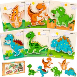 weallbuy Wooden Puzzles for Toddlers 1-3, 6-Piece Toddler Puzzles Contains Dinosaur/Car Types, Toddler Toys for Age 1 2 3, Toddler for Boys and Girls (Dinosaurs)