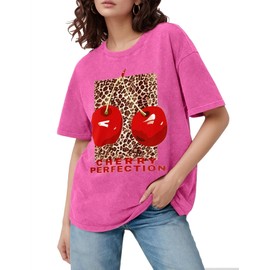 Women's Oversized T Shirts Vintage Cherry Print Leopard Graphic Tee Casual Washed Streetwear Baggy Cotton Tops(Pink-M)