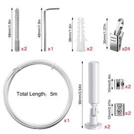 YIXISI 5 m Wall Mount Set, with 24 Pieces Metal Clips Hooks, Stainless Steel Curtain Wire, Curtain Steel Rope, for Photo Wire, Clothesline, Wire, Window, Curtain, Tension Wire (White)