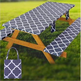 Fitted Picnic Table Cover with Bench Covers Waterproof Elastic Edges Rectangle Patio Tablecloth Outdoor Camping Essentials Stuff Rv Accessories Summer Trip Travel Supplies Party Camper Gifts, 6 ft