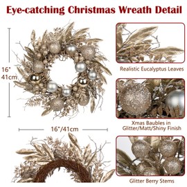 Briful 16" Christmas Wreath Champagne Door Wreath Handcrafted with Artificial Eucalyptus Berries Ornaments for Farmhouse Holiday Thanksgiving Christmas Decoration