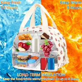 Lunch Bags for Women, Cute Stawberry Corduroy Lunch Bag, Insulated Lunch Box Boite a Lunch Femme Cooler Tote Bags, Leakproof Womens Lunch Bag for Work School Travel Picnic (Red-Heart)