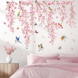 wondever Cherry Blossom Flower Vine Wall Stickers Pink Hanging Floral Tree Branch Birds Peel and Stick Wall Art Decals for Bedroom Living Room Sofa