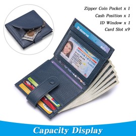 FREYAMIRA Slim Wallet For Women Genuine Leather Small Bifold Credit Card Holder Wallet With Zipper Coin Pouch ID Window,Navy Blue