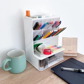 ADVEXGP Desk Tidy Organiser, Pen Holder with Drawer, Stationery & Accessories Storage, Office Desk Organiser for Home, Study, Kids & Teachers, White