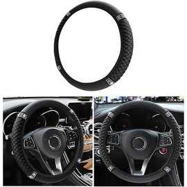 Bling Soft Leather Steering Wheel Cover Protector, 15 Inch Colorful Rhinestones Auto Elastic, Sparkly Crystal Diamond for Women Girls, Car Interior Accessories for Most Cars (Black)