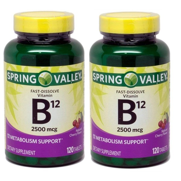 Spring Valley Sublingual B12, Cherry Flavor, 2500 mcg, (Pack of 2) 240 ct Microlozenges