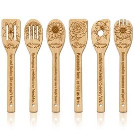 GLOBLELAND 6Pcs Flowers Bamboo Cooking Utensils Wooden Engraved Cooking Spoons Set Carving Kitchen Bamboo Spatula Set Wood Cooking Spoon for Kitchen House Warming Gift