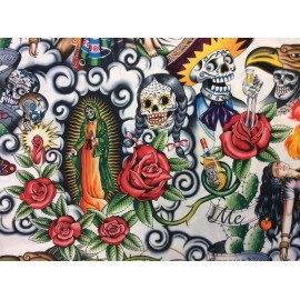 Alexander Henry AH133 Contigo Day of the Dead Mexico Guadalupe Skull Aztec Cotton Quilt Fabric