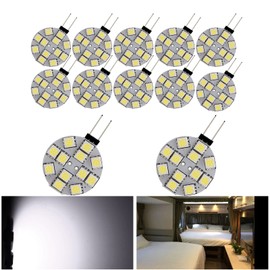 YM E-Bright 12-Pack G4 Puck Lights LED Bulbs Side Pin Base White Round G4 5050 12SMD LED RV Camper Light Bulb Home Reading Light Marine Lamps DC 12V