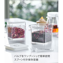 Yamazaki Industries 5465 Hermetically Sealing Storage Container with Valve, Square, White, Approx. W 3.6 x D 3.6 x H 4.0 inches (9.2 x 9.2 x 10.2 cm), Tower, Square, Condiments, Tea Leaves, Anti-oxidation