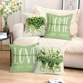 Joymaison Green Farmhouse Cushion Covers 45 x 45 Pack of 4 Green Plants Leaves Square Throw Pillow Case Decorative Sofa Cushion with Invisible Zipper