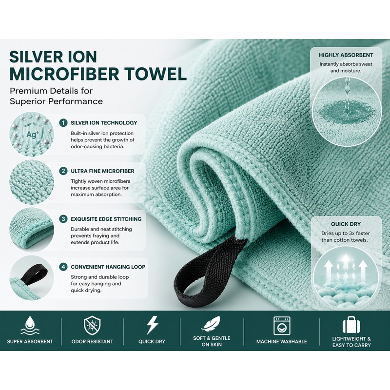 Silver Ion (AG+) Microfiber Sports Towel 32 x 63 Inch,