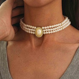 Allereya Vintage Row Pearl Choker Necklace Triple Strand Pearl Necklace Gold Oval Pearl Chain Necklace Pearl Statement Necklace Layered Pearl Collar Necklace Jewelry for Women