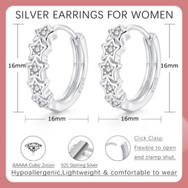 Glintara 925 Sterling Silver Hoop Earrings, Cubic Zirconia Silver Hoops Earrings for Women Girls, Hypoallergenic Lightweight Star Huggie Earrings, Sleeper Cartilage Ear Hoops Small Gifts for Birthday