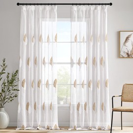 MIULEE Curtains with Ruffle Tape, Living Room Curtains Brown and White Leaves Pattern, Beautiful Embroidery Curtain, Set of 2, Modern Bedroom Window, H 225 x W 140 cm