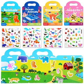 Acuiwer 4 Pcs Reusable Sticker Books, 3D Puffy Waterproof Sticker Books for Kids 3+ Year Olds, Kids Travel Activity Packs, Educational Learning Toy Birthday Gifts(Dinosaurs, Animals, Oceans, Insects)