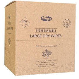 Nilaqua Dry Wipes 100pk | 24 x 30cm | 100% Biodegradable | Suitable for Make Up Removal, Skin care, Incontinence, Patient Care or Household Cleaning | Highly Absorbent Strong Wipes