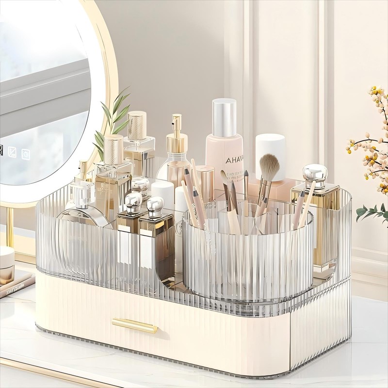DASITON Makeup Organizer with Drawers and Rotating Makeup Brush Holder,Large