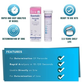 Quantofix 1138909 Hydrogen Peroxide Reagent Test Strips for testing 25 H2O2, Test Stick 6mm x 95mm (Pack of 100)