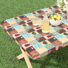 misaya Rectangle Vinyl Tablecloth, Fitted Table Cover, 100% Waterproof, Elastic Edge, Flannel Backing, Plastic Table Cloth Fit 8 Foot Folding Tables for Picnic, Outdoor (Patterned Cups, 30x96 inch)