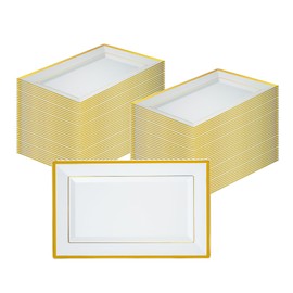 Restaurantware Moderna 11.5 x 7.3 Inch Premium Disposable Plates 100 Rectangular Plastic Plates For Parties - Gold-Rimmed Durable White Plastic Dinner Plates For Warm And Cold Foods