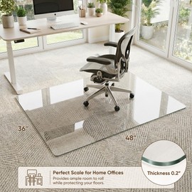 Tempered Glass Chair Mat, 36"x48" Office Chair Mat for Carpet & Hardwood Floors, Heavy Duty 0.2" Desk Chair Mat for Smooth Rolling at Home or Office