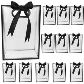 Clear Plastic Gift Bags with Handles, 12 Pack, Elegant Black Frame & Ribbon, Large Capacity for Gift Baskets, PVC Material, 14 in x 9.5 in x 4